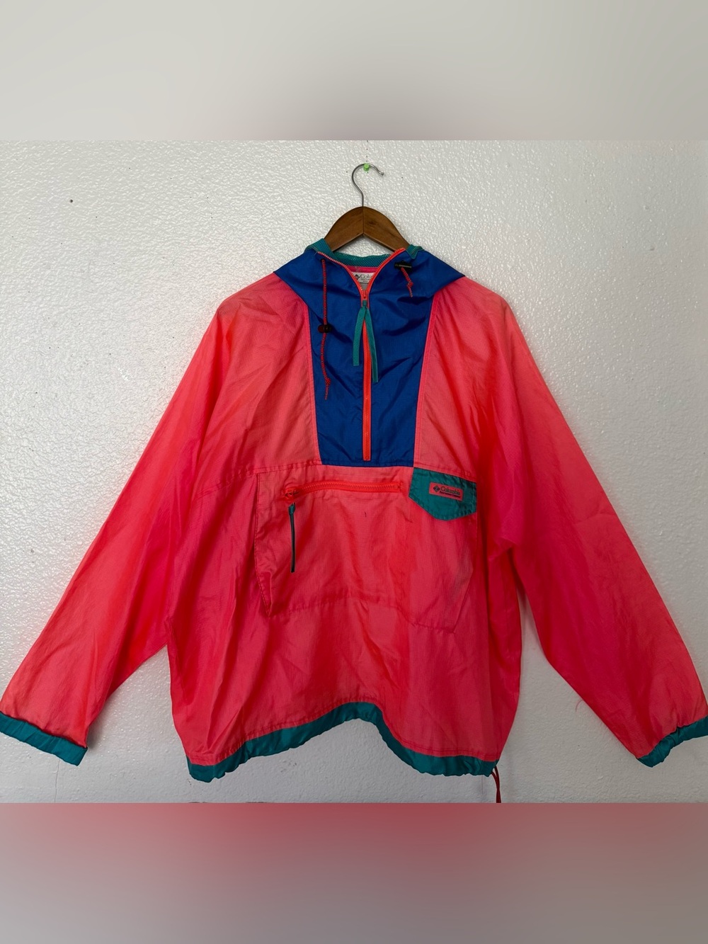 Columbia Retro 80s Pullover Windbreaker Neon Color Block Hooded Jacket Menβs L